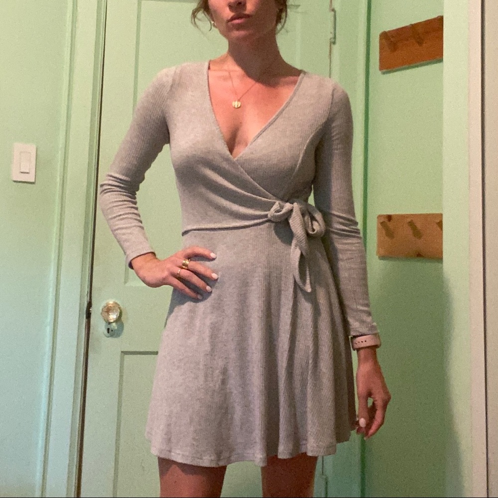 Grey mini dress with wrap/bow tie